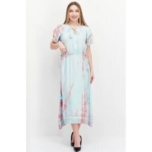 NWT Raga Leslie Tie Dye Midi Smock Dress Blue Red Tie Dye Women's Size Large
